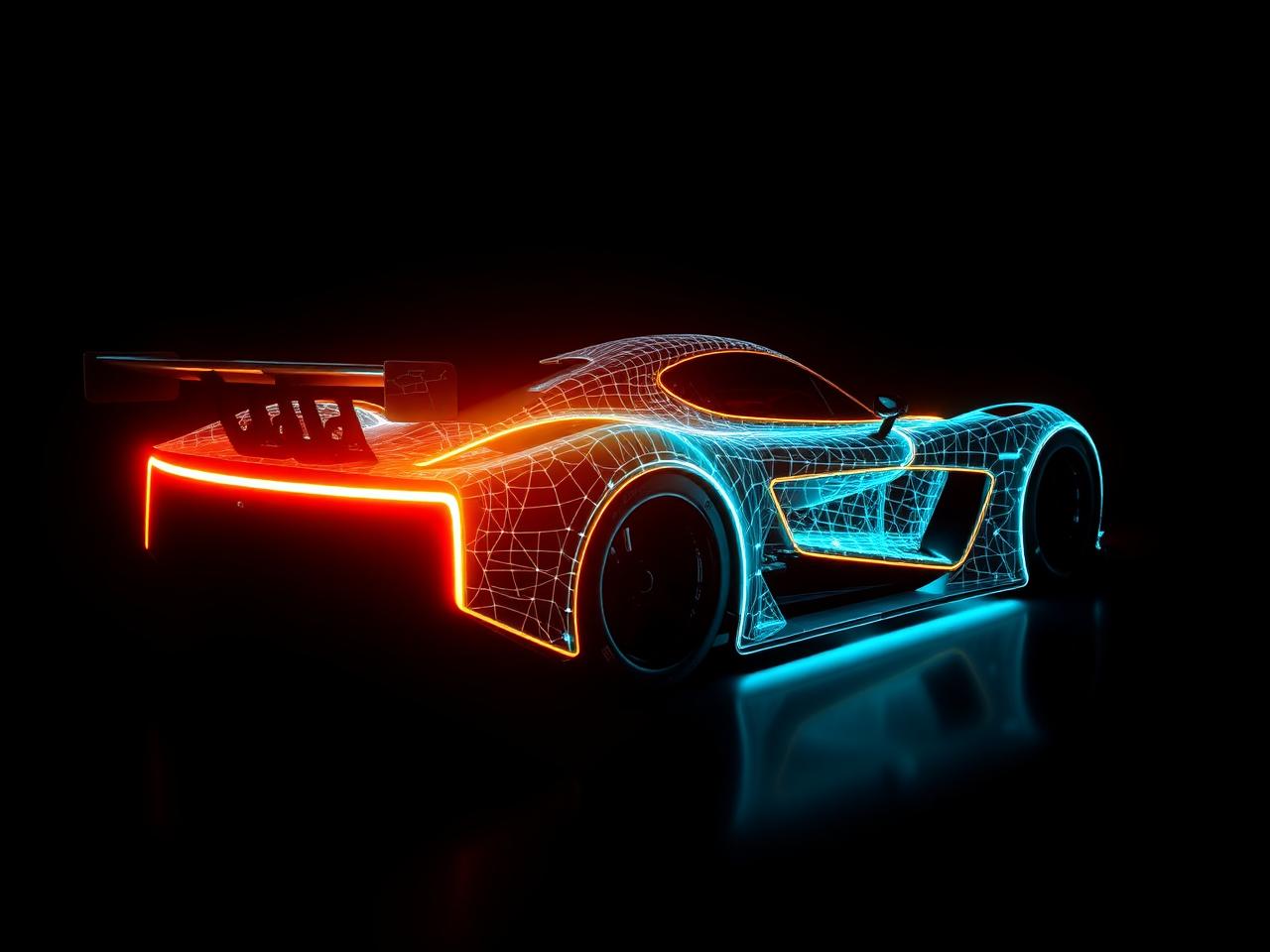 Concept race car rendered as a glowing engineering wireframe